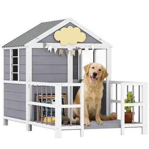 61" Large Wooden Dog House – Porch + 2 Windows + Air Vents. Weatherproof Sloped PET Roof. Elevated 3.1" Base. Solid Fir Wood. Fits Dogs Up to 66 lbs