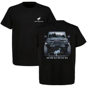 180g[100%cotton]Ford Bronco T-Shirt – Red Front-End Off-Road Print with Mountain Reflection, Bronco Badge Graphic Shirt for Adventure & 4x4 Truck Enthusiasts