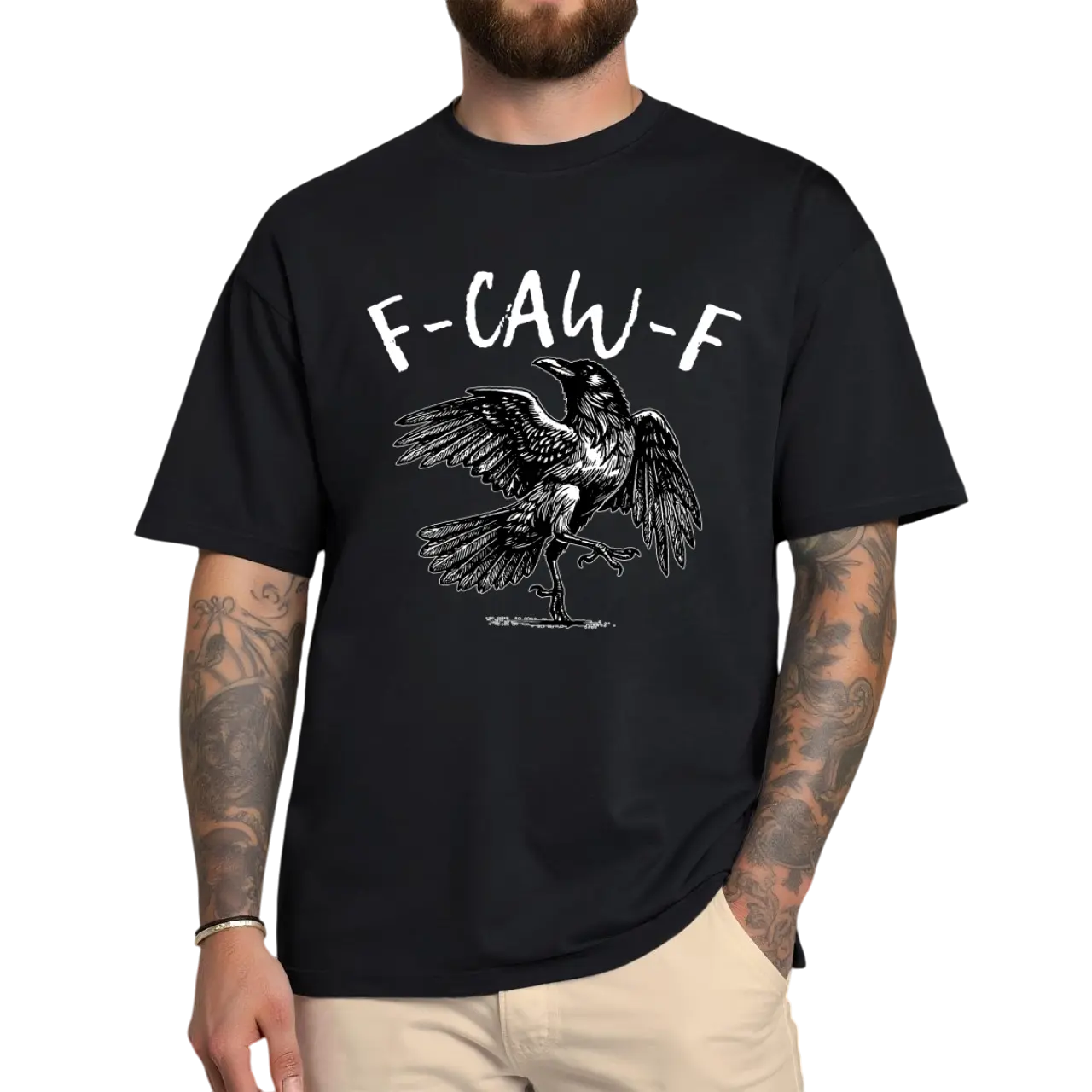 Menswear Short-Sleeve Casual Fashion Top, Raven Dance T-Shirt - Funny "F-CAW-F" Gothic Crow Graphic Tee, Dark Humor Halloween Shirt