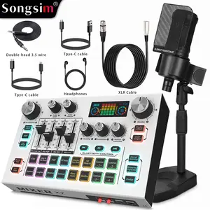 Songsim-X7 mixer + AT2020 microphone professional live streaming audio kit, high-end real-time sound card, supports independent channel adjustment and custom effects; recording-grade microphone. Compatible with computers and mobile phones; suitable for ga