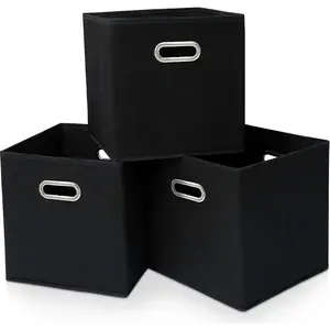 Set of 3 13x13x13 Inches Foldable Collapsible Black Fabric Cubby Storage Bins, Cube Organizer Boxes with Dual Handles for Storage Organization