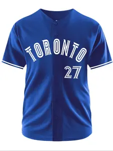 Men's Blue Vintage Embroidered Baseball Stylish Jersey, Sporty Loose-Fit V Neck Short Sleeve Tee, Casual Training Top for All Seasons