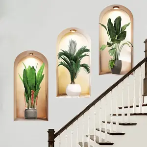 3-piece set, Nordic green plant themed simulated arched window flower basin wall sticker, self-adhesive removable decorative sticker, Art Stickers, suitable for wall decoration in living rooms, dining rooms, and study rooms