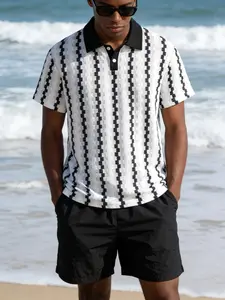 Men's Knitted Jacquard Stretch Polo Shirt, Striped Geometric Patterns Short Sleeve Casual Breathable Top, Soft Golf & Tennis Wear, Fitted Plain Design