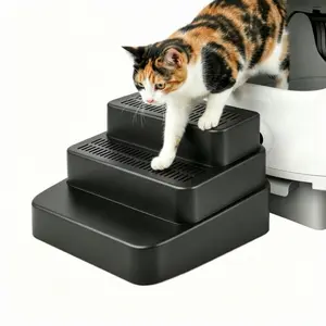 Adjustable 3 Steps Litter Box Ramp, Cat Litter Box Step with Litter Trapper, Easy to Clean Cat Litter Stair, Detachable Litter Catcher Tray  for Older Cats and Small Cats, Lightweight water-resistant Cat Litter Box Steps, 11.22*11.25*8.45in, black, white
