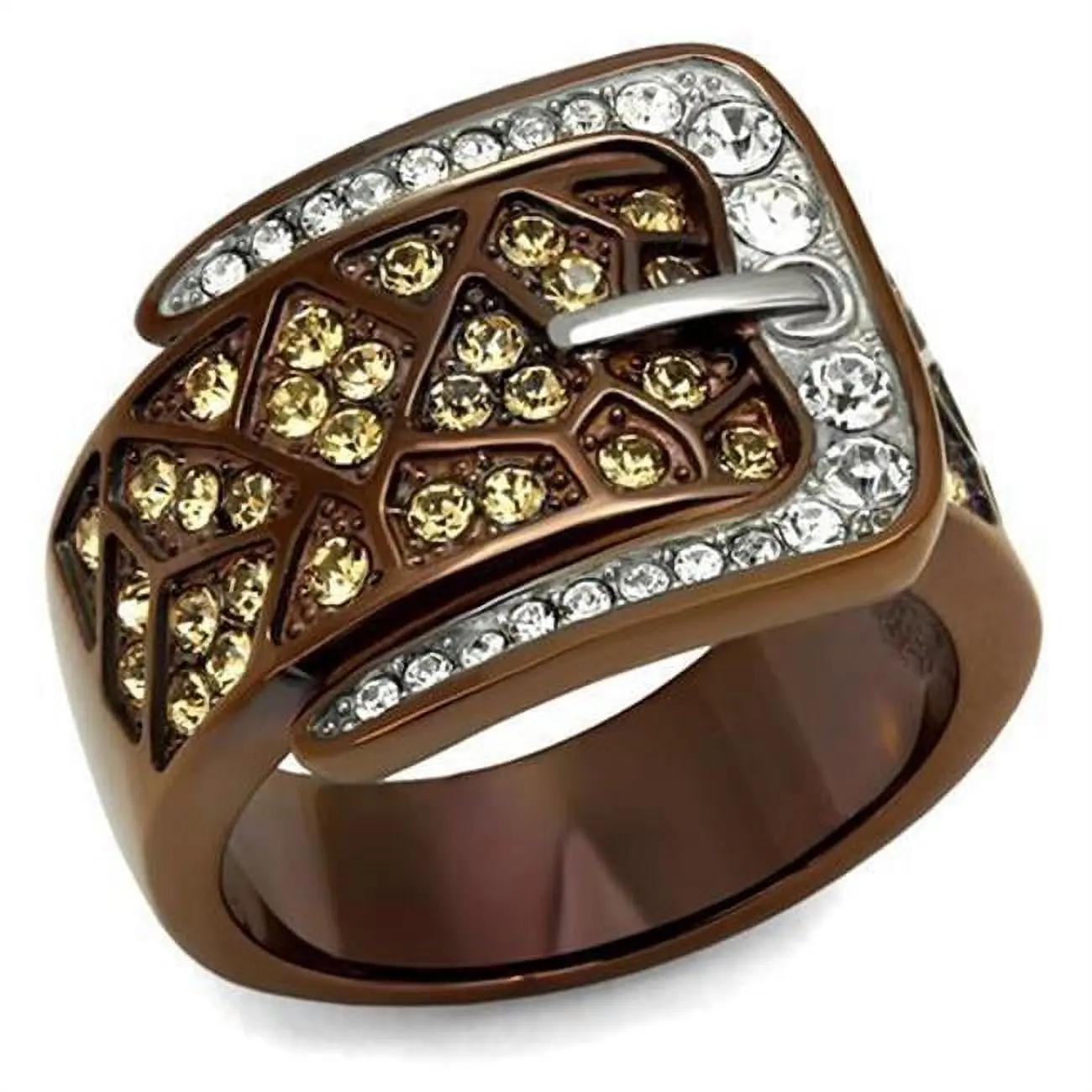 Alamode TK2770-6 Women Two Tone IP Light Brown Stainless Steel Ring with Top Grade Crystal in Citrine Yellow - Size 6