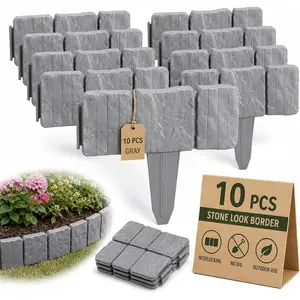 Stone Look Garden Fence DIY Edge Decorations, 10 Pieces, No Dig Plastic Retaining Wall, Interlocking Landscape Edges, for Flower Beds, Courtyard Paths, Patios