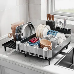 Large Expandable 304 Stainless Steel Dish Drying Rack for Kitchen Counter, Space Saving Extra Large Drainer with Multifunctional Flip Up Pegs, Black