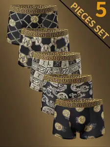 Men's Luxury Gold Underwear Set, Fashion Trendy Print, Comfortable Breathable, Casual Wear, Sports, Fitness, Boxing, Soft Stretch Briefs, Underwear Boxer Briefs