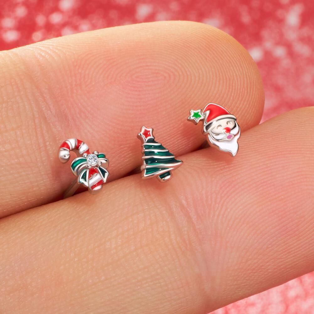 Oufer  Christmas3PCS 20G Christmas L-shaped Nose Piercing Ring Set with Santa Boots Tree Cubic Zirconia for Festive Holiday Wear