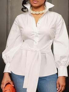 【plus size】 solid belted button front shirt, elegant bishop sleeve collared top for women, women's clothing for fall & winter, womenswear