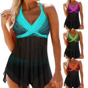 Women’s two-piece swimsuit set, V-neck sleeveless two-tone top and bottoms, lake blue/green/orange/purple GARMENTARY
