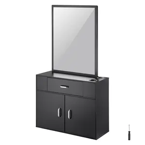 VEVOR Salon Organizer, TikTokShopBlackFriday, Wall-Hanging Unit for Hairdressers, Complete with 3 Holders, Mirror, Dual-Door Storage, and Single Drawer, Black