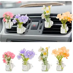 4 Pack Flowers Car Vent Clips, Cute Daisy Plants Vase Air Conditioning Outlet Clip with Fragrance Pads, Charm Scent Perfume Automotive Interior Decorations for Women