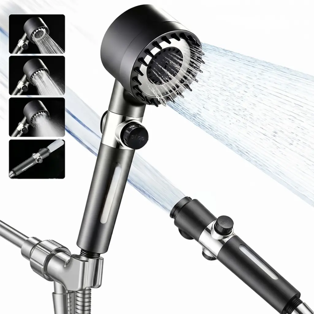 3-Piece Pressurized Handheld Shower Head Set, 4 Spray Modes, 1-Button Stop, Filter Element Included, Spray Gun Function, Scalp Massage Compatible Multi-Function Bathroom Shower Equipment