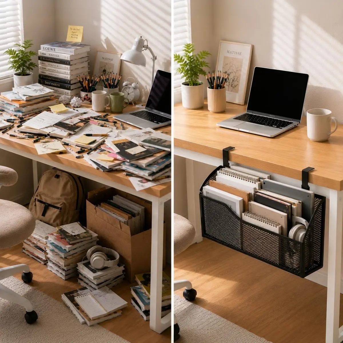 Black Metal 2-in-1 Breathable Mesh Under-Desk Organizer - Hangable Shelf Basket, No-Drill, Adjustable, Tool-Free Assembly, 0.47"-2.17" Thickness, Multi Functional Organizer for Desk Supplies, Dorm Room Home Office Storage, Desk Organizer Tidy