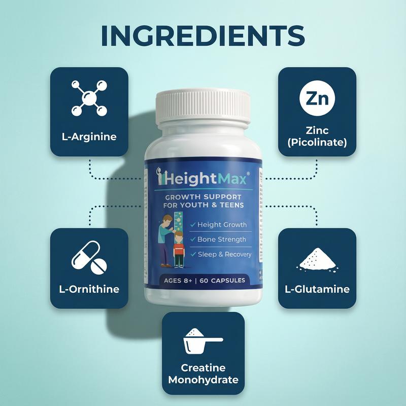 HeightMax Natural Height Growth Supplement for Kids & Teens 60 Capsules with L-Arginine Zinc Creatine for Bone Strength Growth Healthy Dietary Edible Fitness