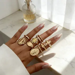 10-Piece Hip-Hop Ring Set - Vintage Cross Portrait Statement Rings