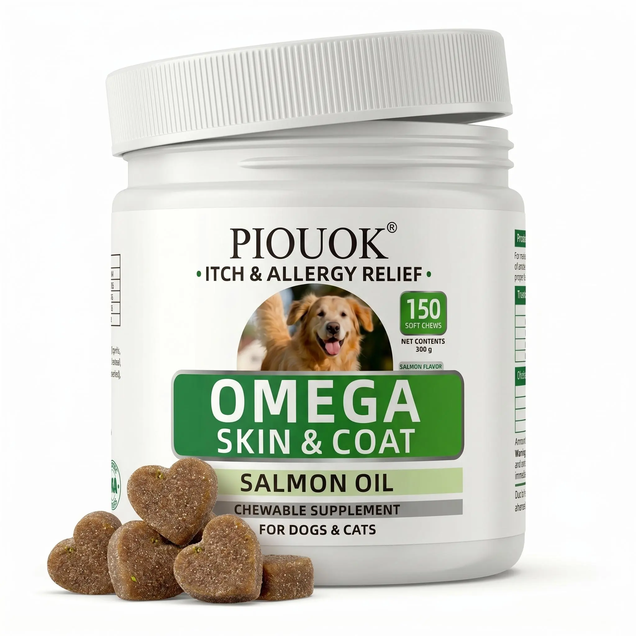 PIOUOK2 Count Salmon Oil Omega 3 Soft Chews for Dogs & Cats - 150 Count, Skin & Coat Support, Itch & Allergy Relief, EPA DHA Vitamin E Supplement, Salmon Flavor