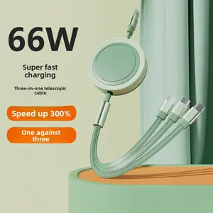66W Super Fast Charging 3-in-1 Retractable Data Cable, Compatible with Apple, Android, and Huawei Phones