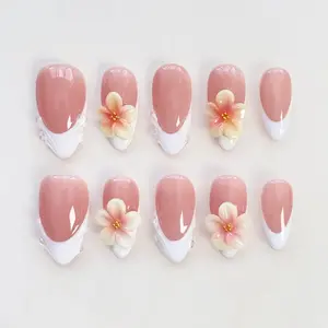 Bloom Flower White French Press On Nails Short Almond Nails, Flower Nails
