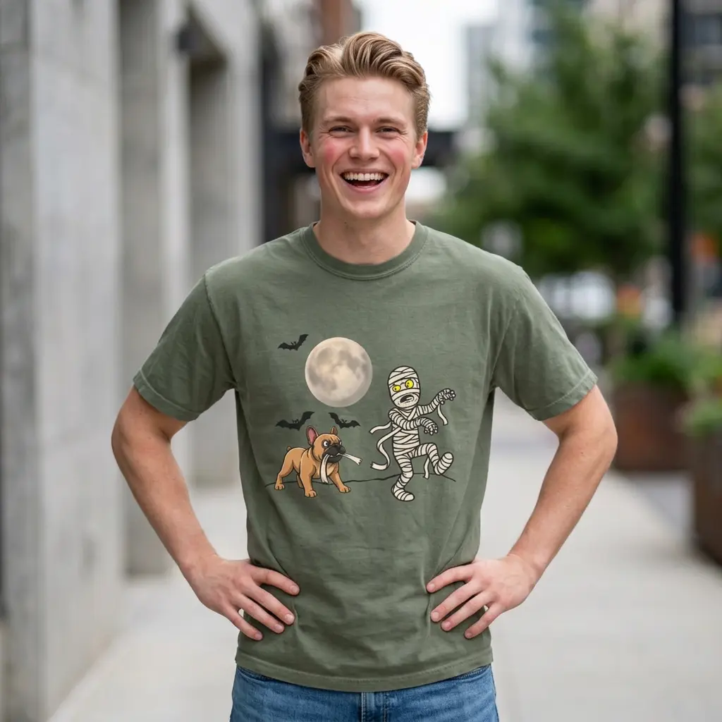Mummy and French Bulldog T-shirt | Halloween Moon, Bats, Cute Mummy and Dog