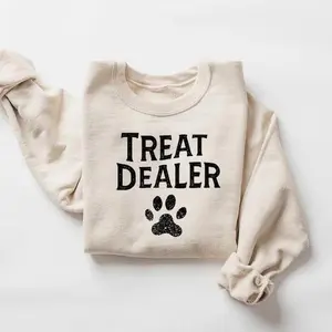 Funny Dog Lover Sweatshirt, perfect Dog Mom gift featuring a playful Treat Dealer design, cozy crewneck sweater for proud dog people and pet lovers everywhere.