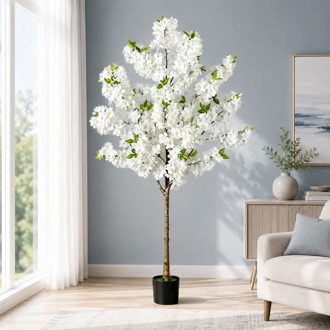 5FT Artificial White Cherry Blossom Tree with Black Pot, Lifelike Faux Flowering Floor Plant for Living Room, Bedroom, Office, Wedding and Spring Home Decor