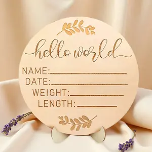 Hello World Wood Birthday Wall Plaque, 15cm Baby Milestone Marker, Newborn Memory Keepsake, Unisex Kids Room Decor, Perfect Parent Gift