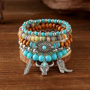 5Pcs Boho Western Imitation Turquoise Beaded Bracelet Set Cowboy Charm Stack with Feather & Boot Pendants for and Perfect Gift for party wear, for Teenager