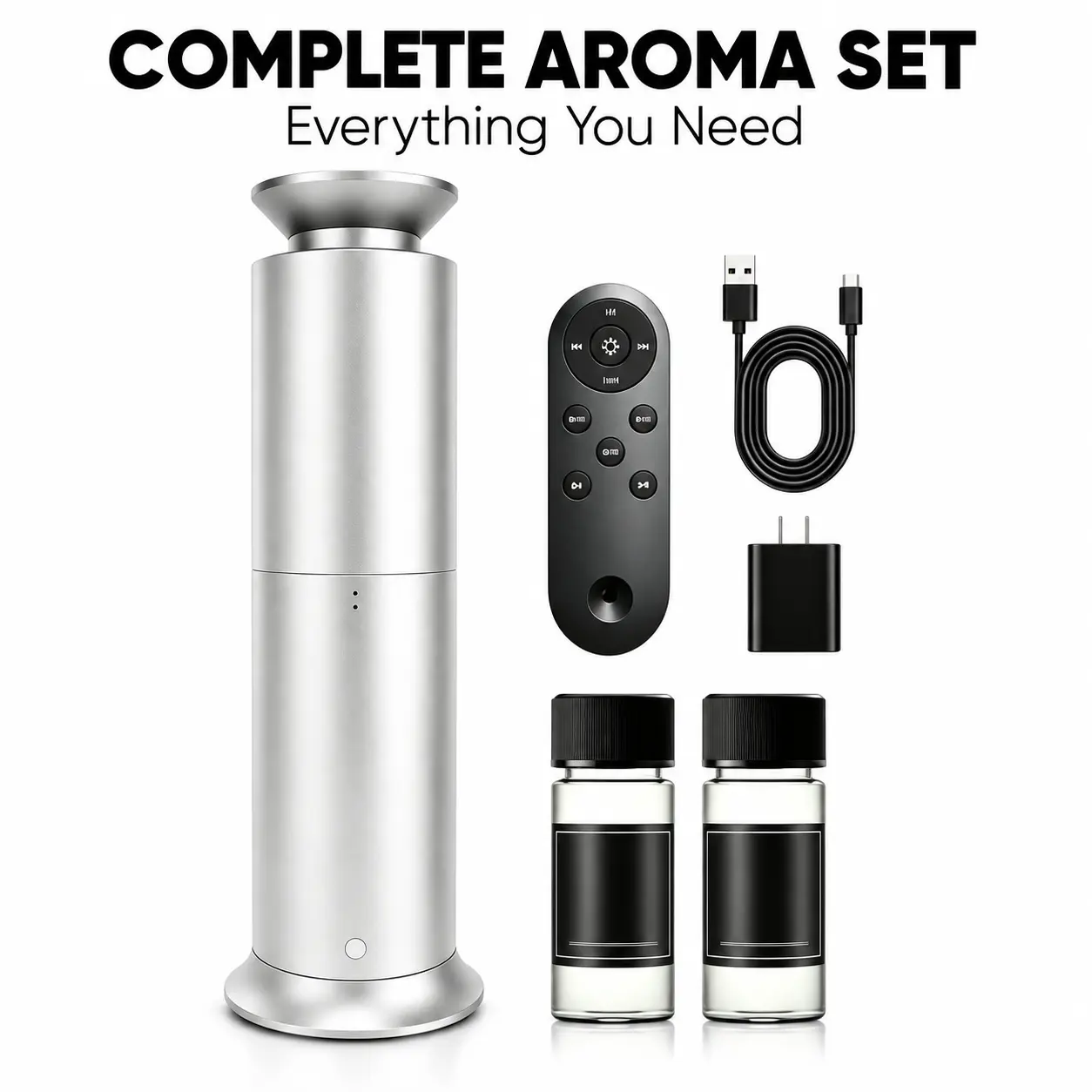 Scentimental Wireless Rechargeable Waterless Aroma Diffuser Fragrance Machine Kit - Pure Atomizer, Remote Control, Even Scent Distribution, Extended Use, Luxurious Room Atmosphere, 2 Premium 30ml Hotel Spa Refills, 20 ml Compatible, Included Components