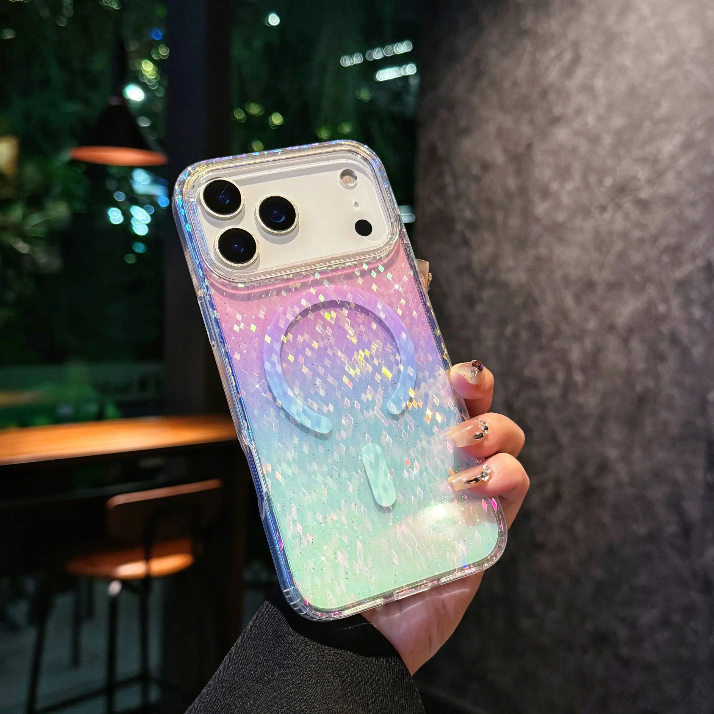 Glittering magnetic anti-drop transparent mobile phone case, Magnetic Clear Cover, Shockproof Protector, suitable for iPhone 17 Pro Max/16/15/14/13/12/11 series, wireless magnetic protective cover, Glitter Rhombus Magnetic