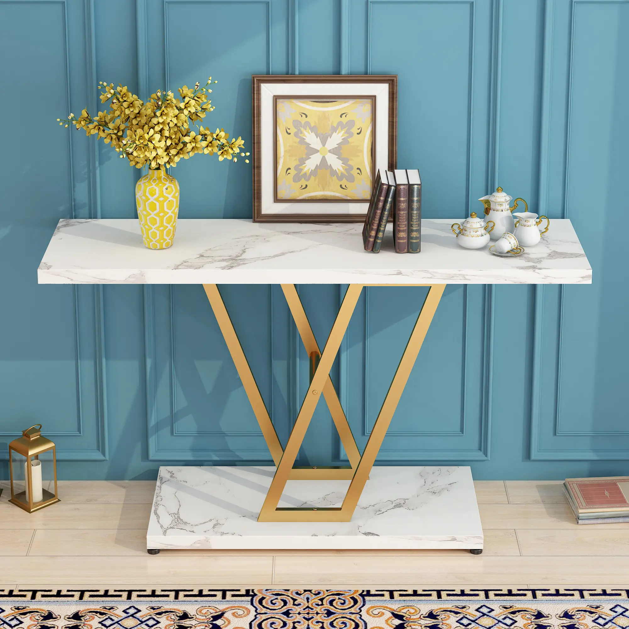 Gold Marble Console Table – Perfect for Entryway, Living Room, Hallway & Sofa Back – Narrow Gold Metal Frame, Faux Marble Top, V-Shaped Legs, 330 lbs Load Capacity, Easy 30-Min Assembly