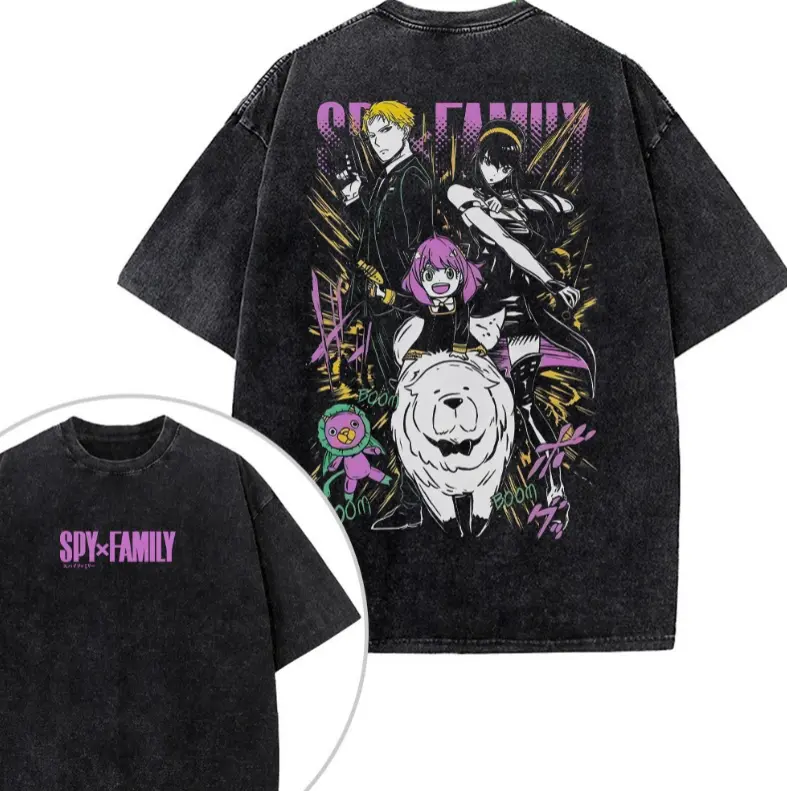 Spy x Family Graphic T-Shirt, Funny Anime Clothing, Vintage Forger Family Design Tee, Loid Yor Anya Bond Graphic Streetwear Aesthetic Anime Shirt Washed Black Oversized Top