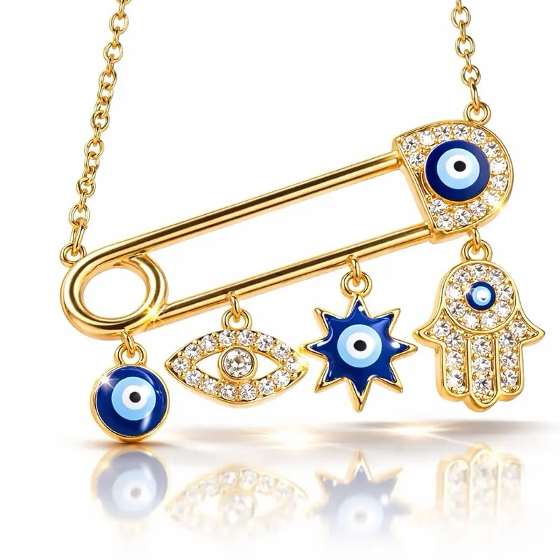 Mystique jewelries Evil Eye & Rhinestone Hamsa Hand Charm Trendy Safety Pin Style Unisex Necklace Gold-tone Crystal Accents Adjustable 40 cm Chain Casual Wear