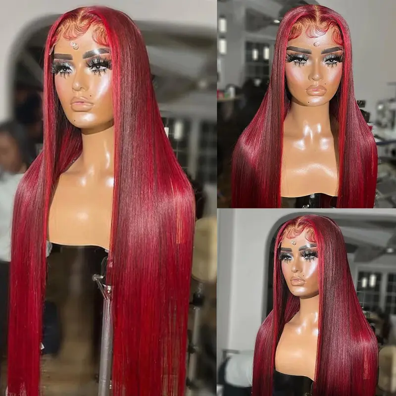 Red Highlight Balayage Color Straight 200% Density Lace Frontal Human Hair Wigs Burgundy and Red Highlight 13X6 HD Transparent Lace Pre Plucked Natural Hairline For Woman Ombre Human Hair Wigs