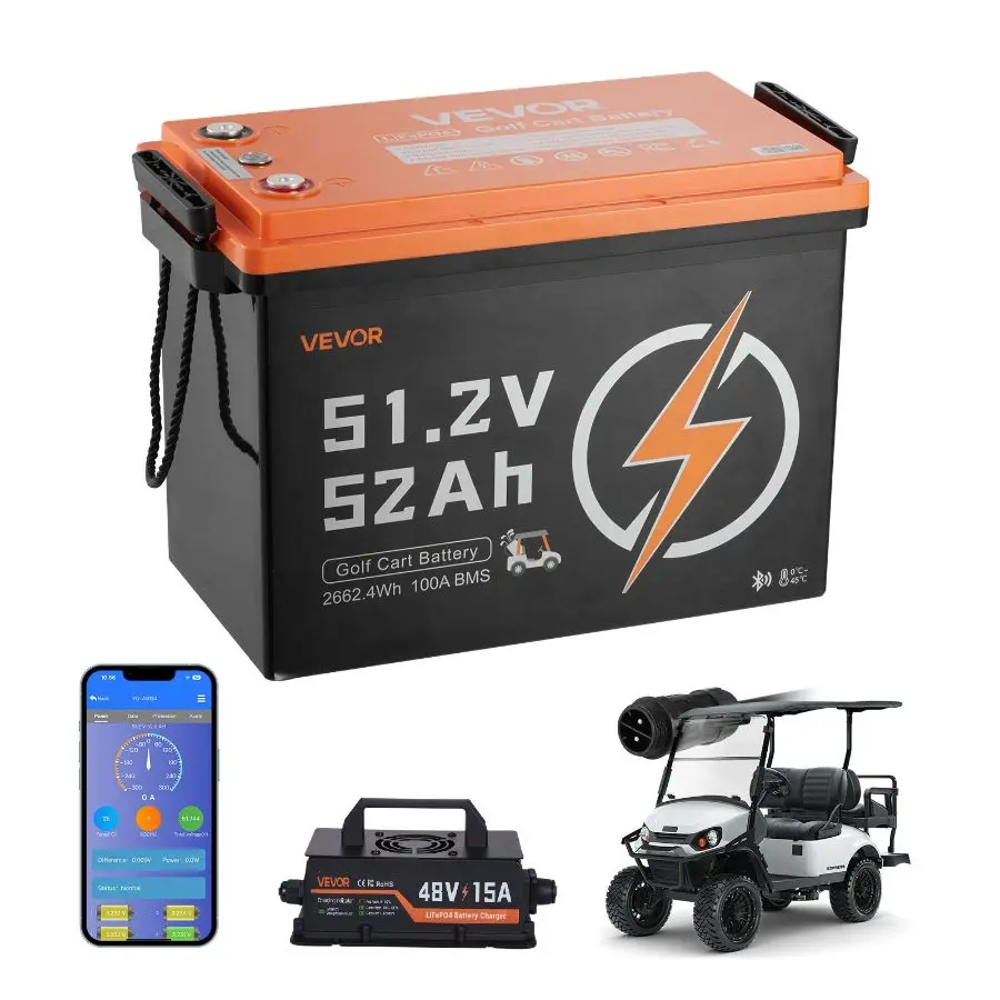 VEVOR yd512001 48V (51.2V) 52AH LiFePO4 Golf Cart Battery Kit, 15A Charger, Built-in 100A BMS, 4000 Cycles, 2C Discharge Rate, Bluetooth App, Easy Hill Climbing, for Golf Carts, Trolling Motors, 48 V