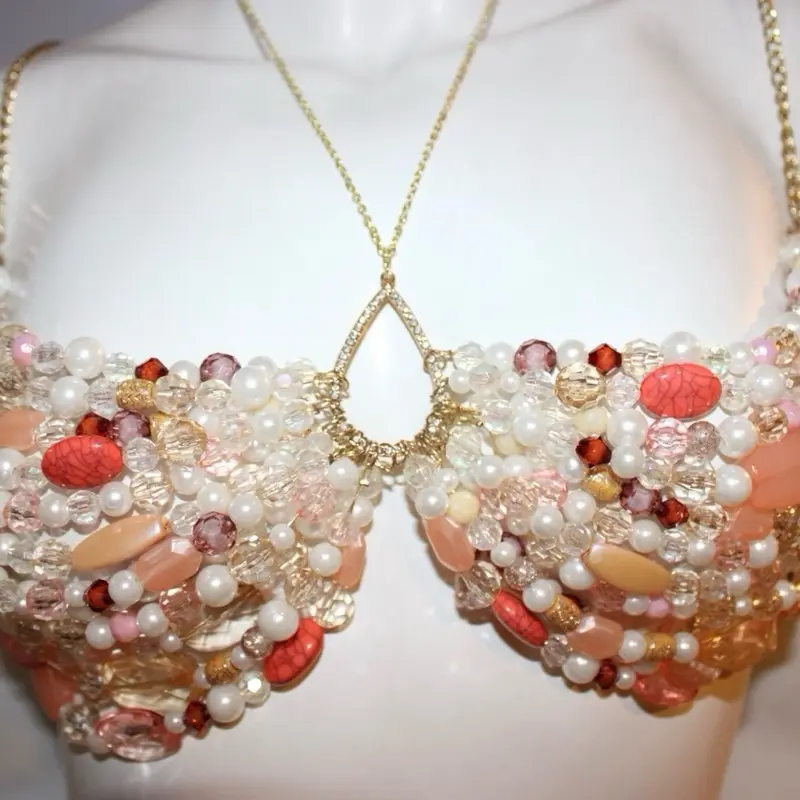 DEVOIRBYDV Women's Beaded Luxe Bra - Handmade Beads, Layered Details, Pearls Gems, Off Shoulder Womenswear Top for Elegant Style