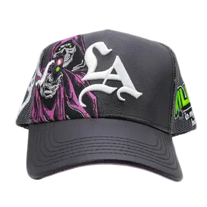 Satin Lined Embroidered Leather Mesh Trucker Hat with Suede Undervisor & Adjustable Snapback - Premium Quality
