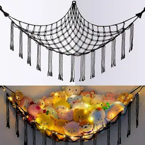 New Upgrade Stuffed Animals Net or Hammock with LED Light, Hanging Stuffed Animals Storage Toy Hammock Net Corner Wall Girls Room Decor Toy Storage Organizer, Black, L