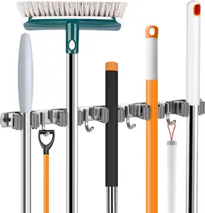 Broom Holder Wall Mount, Broom Organizer Wall Mount Stainless Steel Broom and Mop Hanger Heavy Duty Storage Organization for Home Kitchen Garden Garage Room 5 Racks 4 Hooks (1Pack)(Grey Racks)