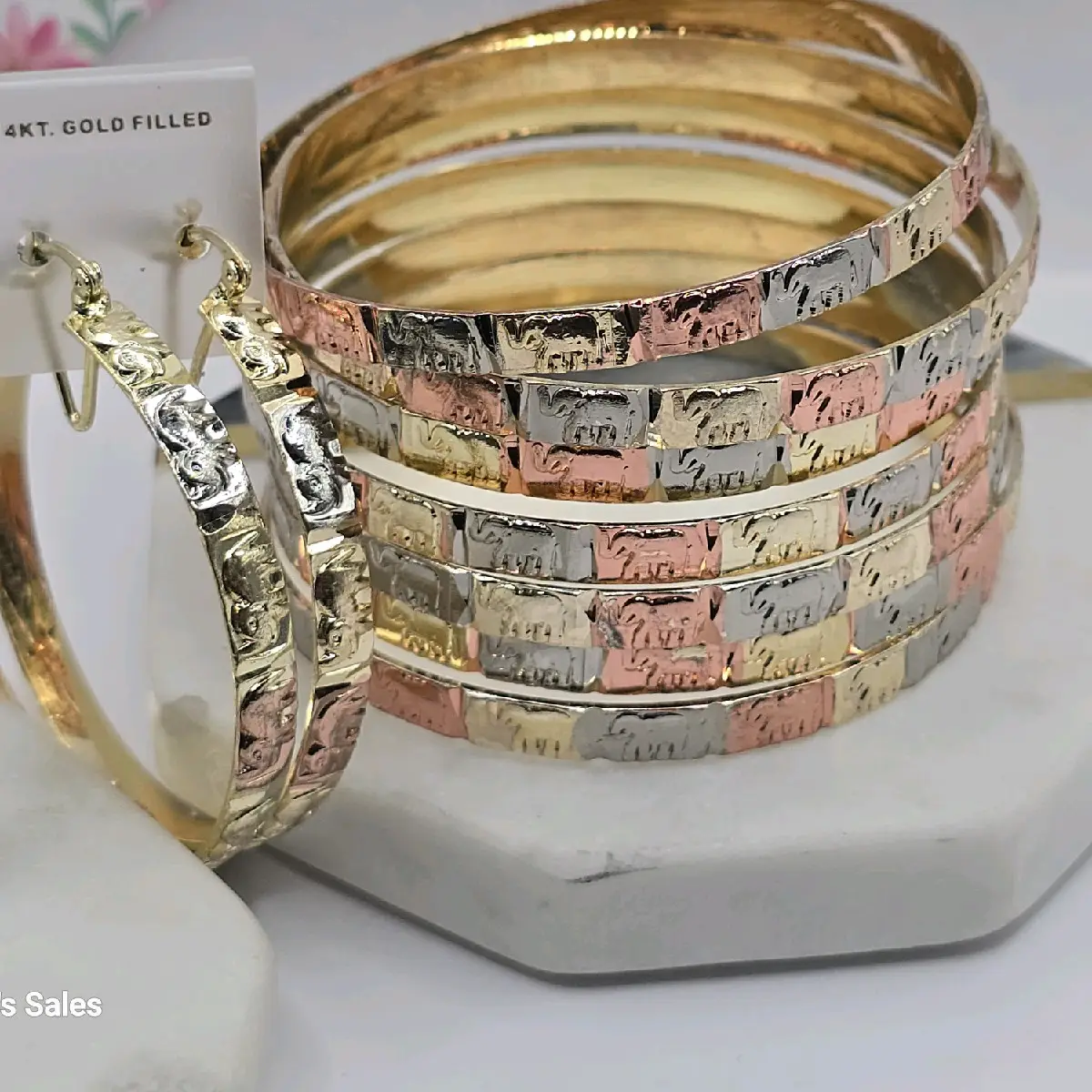 ELEPHANT'S fashion set seven bracelets #6 with hoops #3 gold-plated three colors order 7 bracelets pair of hoops