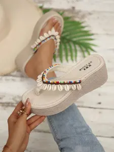 Women's Summer Sandals, Shell Bead Thick Sole Wedge Flip Flops, Anti-Slip Outdoor High Heel Slippers, New Arrival