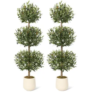 5 ft Artificial Olive Tree, Triple Ball Topiary Faux Plant with Moss & Pot, Outdoor Indoor Realistic Fake Shrubs Trees, Round Bushes Fake Shrubs Potted for Home Offices Porch Decor, Set of 2