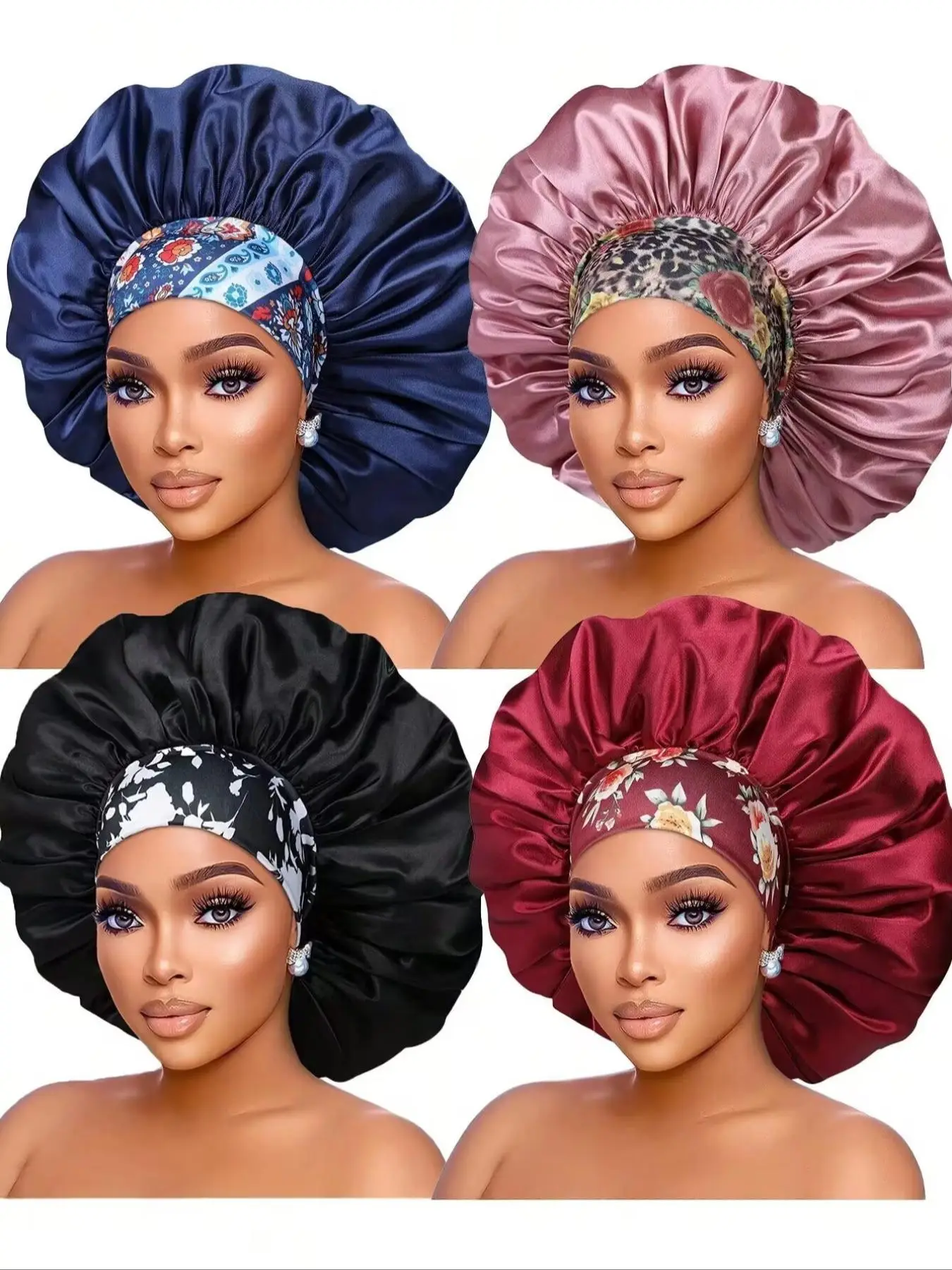 Women's Fashion Wide Band Floral Pattern Sleeping Cap for Valentine's Gift, 4pcs Simple Style Plain Color Soft Comfortable Sleeping Cap, Casual Hair H