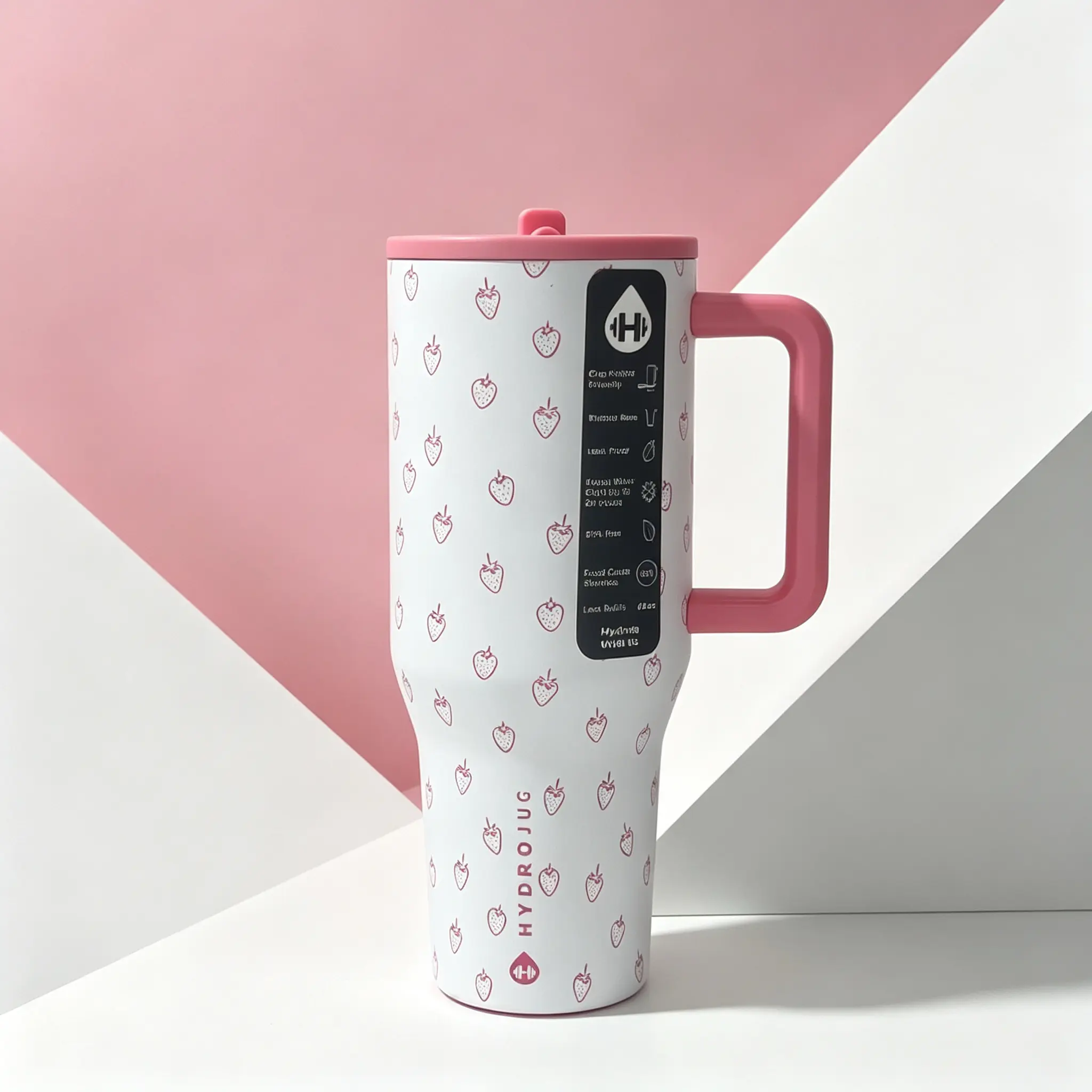 Cute Girly Pink Strawberry Pattern HydroJug 40oz Insulated Mug With Large Handle, Leak Proof Flip Top Travel Tumbler, Trendy Aesthetic Water Cup for Car & Workout