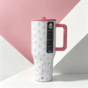 Cute Girly Pink Strawberry Pattern HydroJug 40oz Insulated Mug With Large Handle, Leak Proof Flip Top Travel Tumbler, Trendy Aesthetic Water Cup for Car & Workout