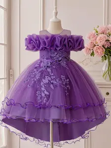 Girl's Sequin Decor Multi-layer Tulle Party Dress, Elegant Flower Design Sleeveless Sweater Dress for Party Performance Wedding Guest, Kids Clothes for Four Seasons, Ruffle Hem Dress, Princess Dress