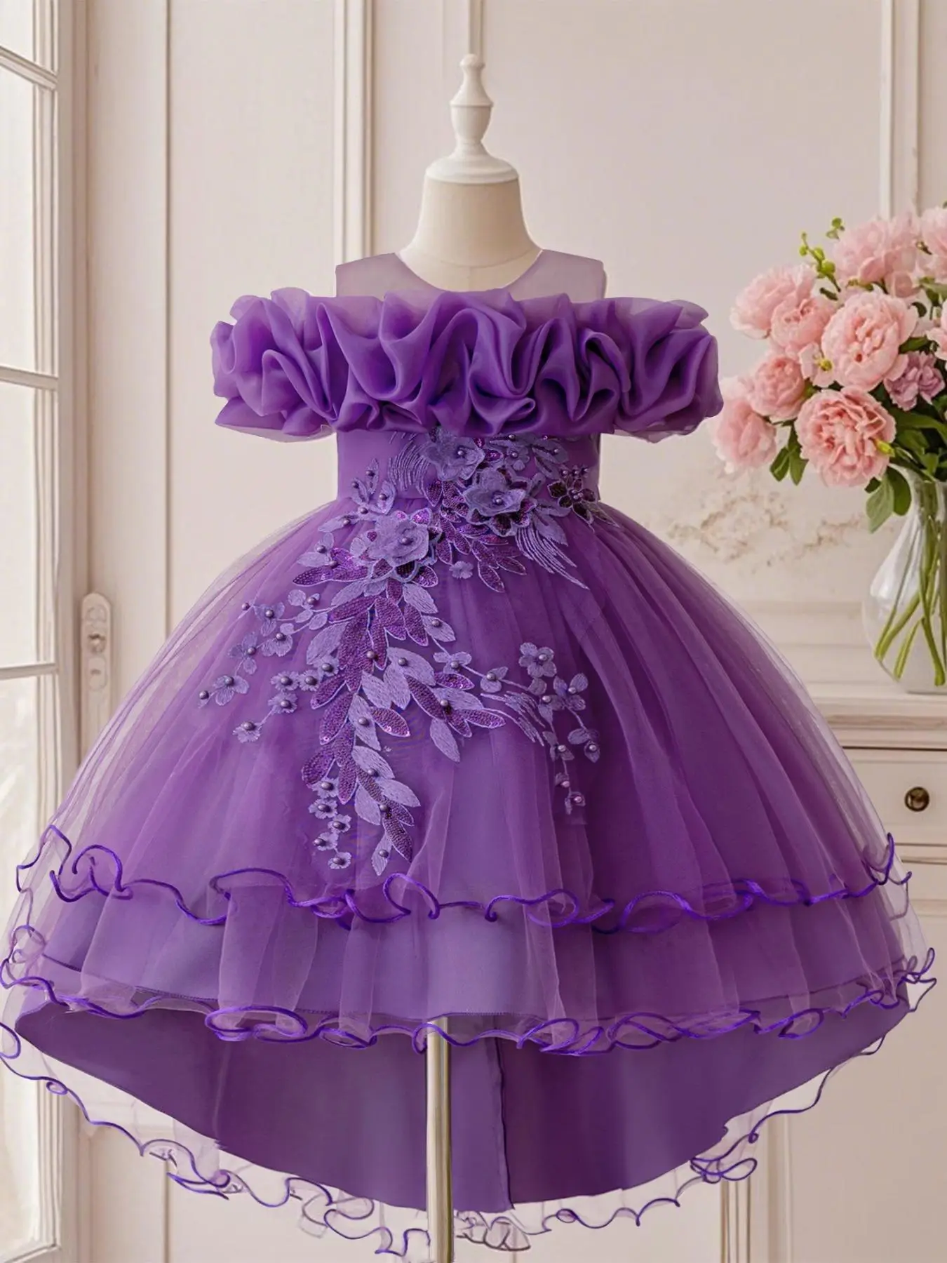 Girl's Sequin Decor Multi-layer Tulle Party Dress, Elegant Flower Design Sleeveless Sweater Dress for Party Performance Wedding Guest, Kids Clothes fo