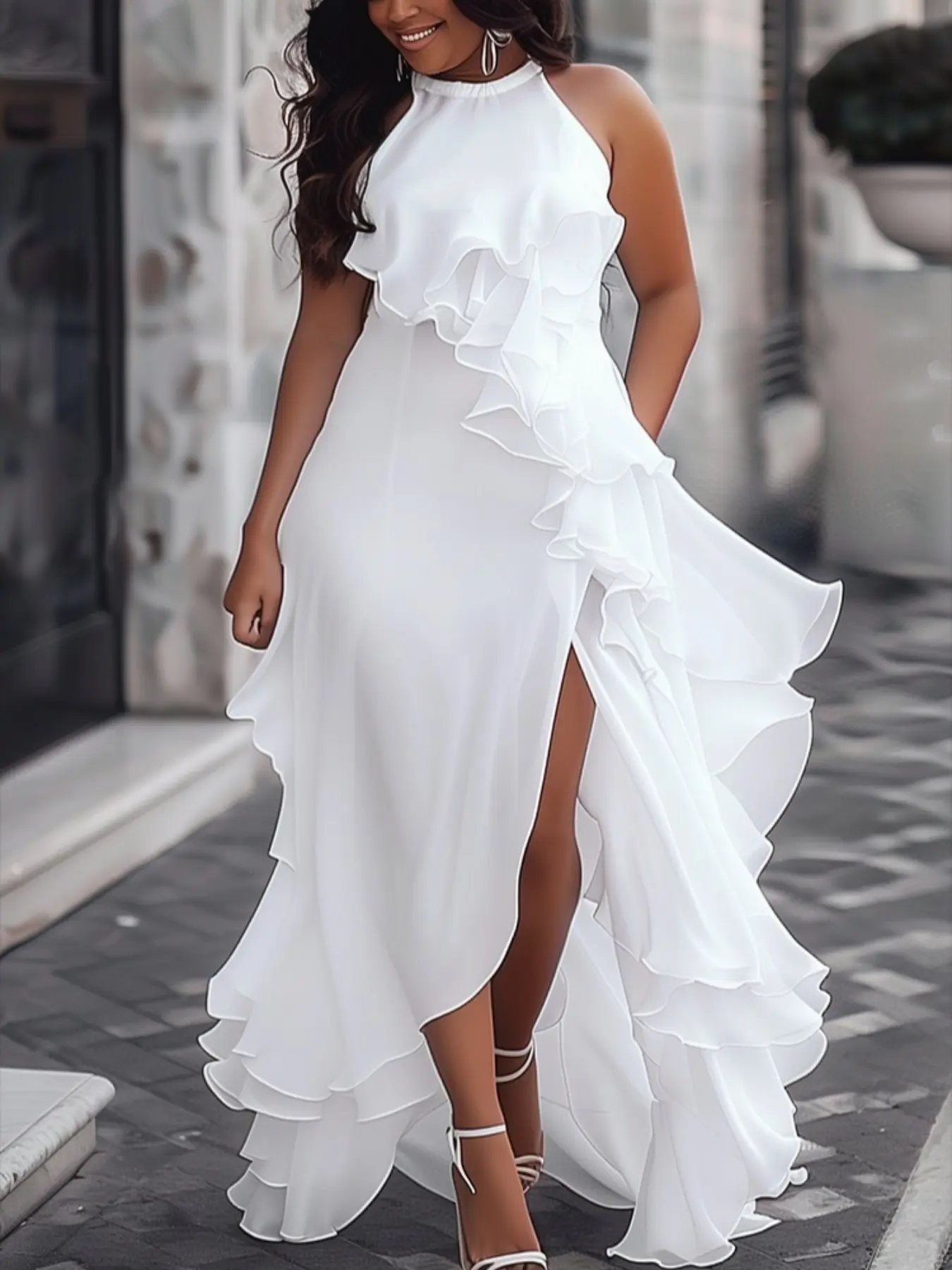 Loose Sleeveless Layered Tiered Woven Ruched Zipper Long Dress, Vacation Style Solid Color Round Neck off Shoulder Dress, Women's Fashion